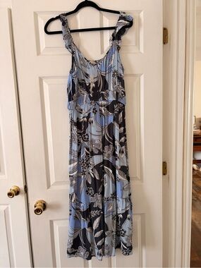 LOFT Light Blue and Black Floral Ruffled Strap Maxi Dress
